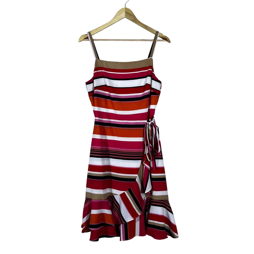 Nicole Miller Studio Faux Wrap Striped Ruffle Dress Red Pink Multi Size 8
